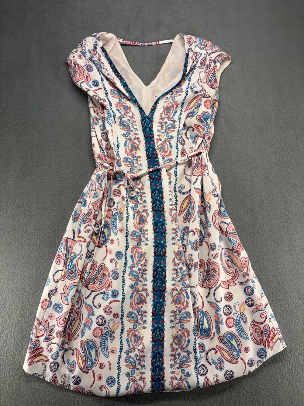 LOFT Boho White Paisley Mini Dress with Blue and Pink Accents Size XS